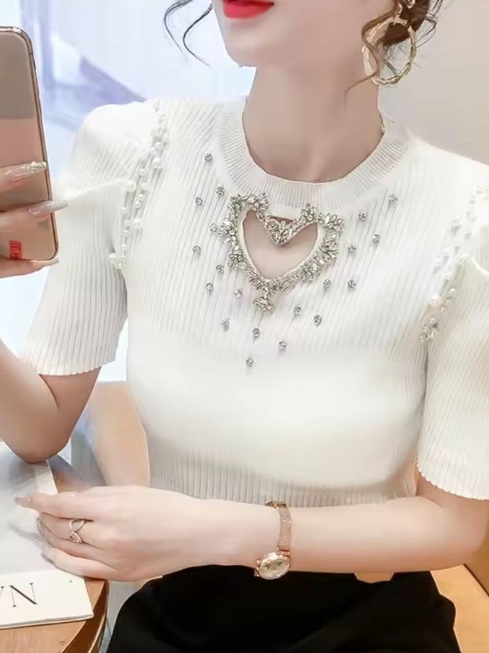 Embellished Heart Cutout Ribbed Crop Top - White